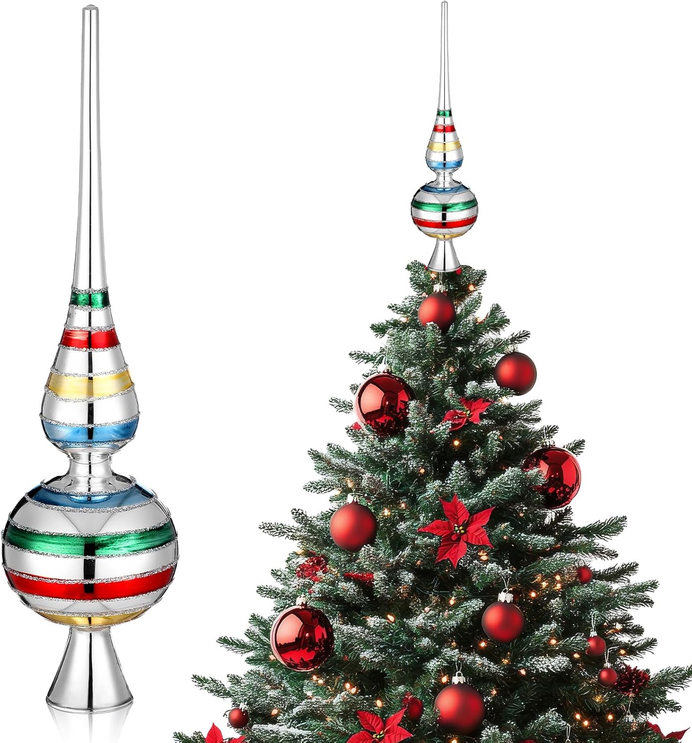 Gejoy Mercury Glass Christmas Finials Tree Topper Vintage Mid Century Colorful Ornaments Retro Spherical Blown Glass Xmas Tree Topper Finials Holiday Indoor Suitable for Party Decoration, 9.8inches