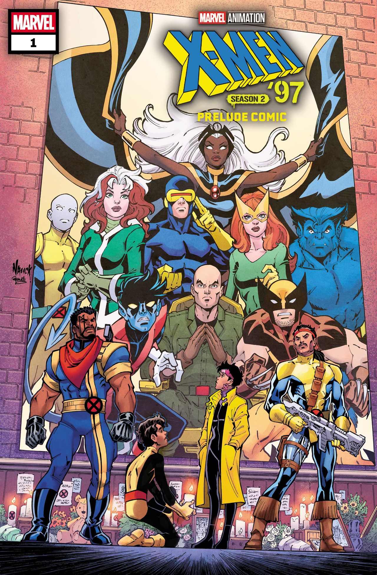 Bishop, Sunspot, Jubilee, and Forge paying tribute at a memorial to the classic X-Men
