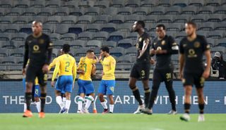 Gaston Sirino celebrating his goal with teammates