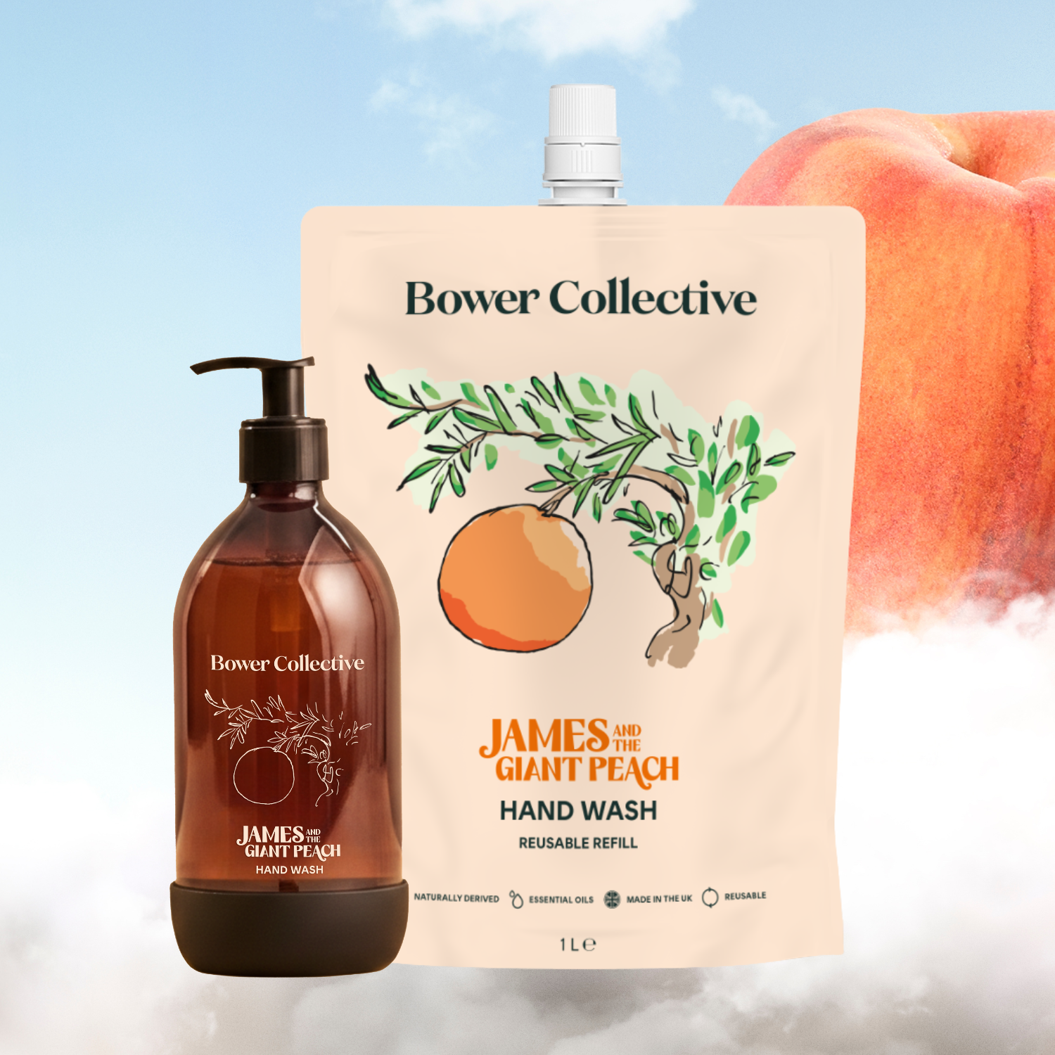 Bower Natural Hand Wash - James and the Giant Peach - Reusable Bottle (500ml) &amp;amp; Refill (1l)