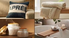 Cosy Home Essentials: a cushion from habitat, a blanket from Dunelm, a candle from anthropologie, and a bathroom tidy for The White Company