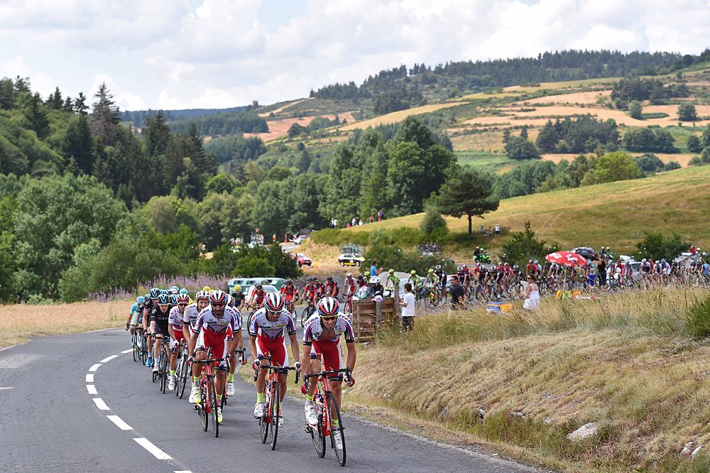 Katusha leads the peloton on stage 15 of the Tour de France