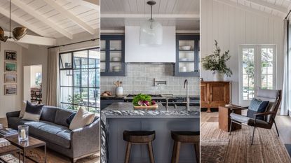 three images of Montecito home family room, kitchen and living room