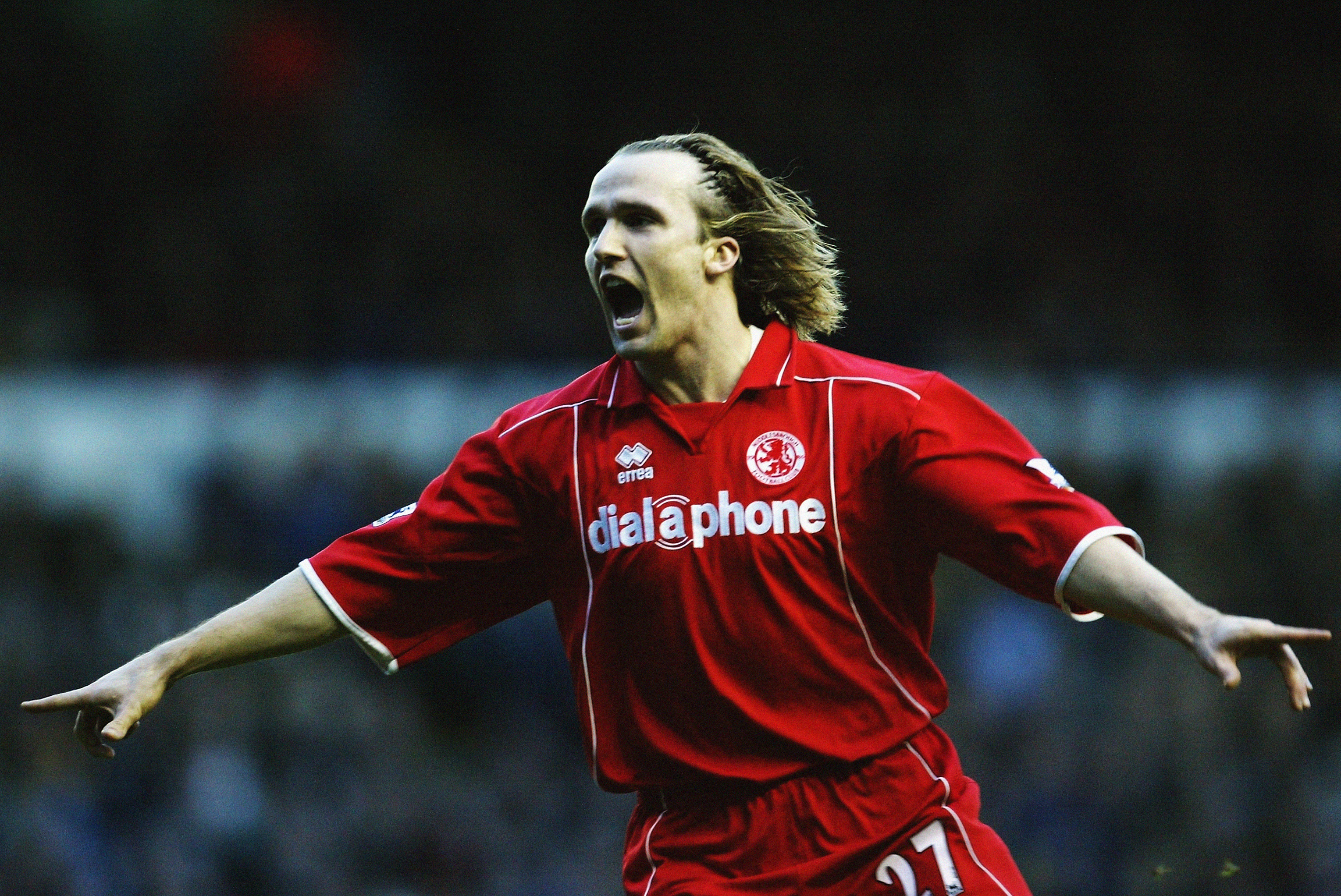 LEEDS - JANUARY 31: Boudewijn Zenden of Middlesbrough celebrates during the FA Barclaycard Premiership match between Leeds United and Middlesbrough on January 31, 2004 at Elland Road in Leeds, England. Middlesbrough won the match 3-0. (Photo by Laurence Griffiths/Getty Images)