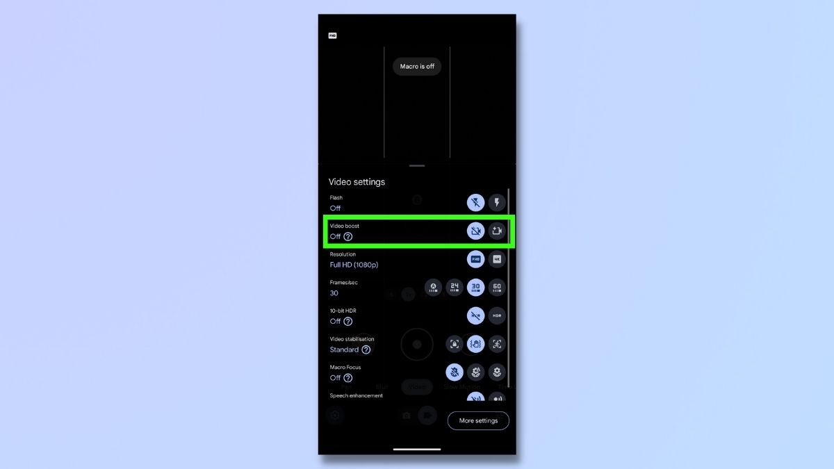 снимок экрана, показывающий, как использовать Pixel 8 Pro Video Boost: включите усиление видео