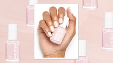 In the centre, is an picture of a hand holding essie's Mademoiselle nail polish, with the shade also applied to the fingernails/ in a pastel pink template with product shots of essie's Mademoiselle polish scattered across it