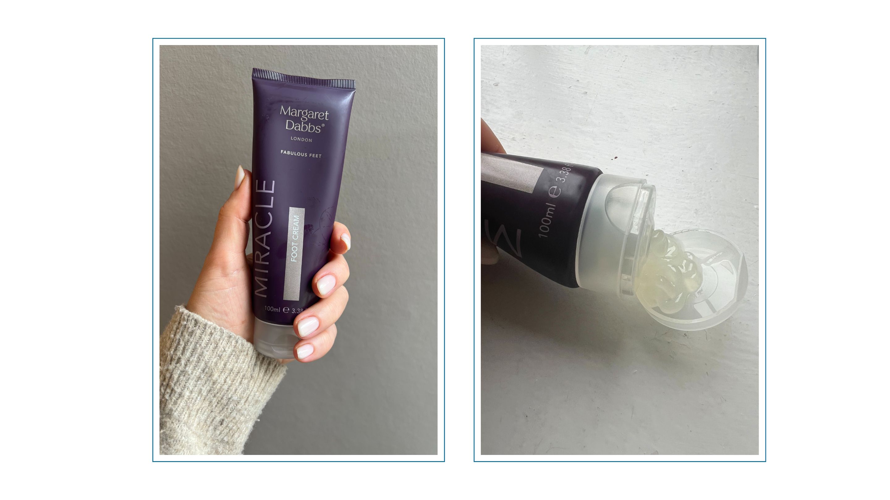 an image of a hand wearing a beige woollen sleeve holding margaret dabbs fabulous feet foot cream