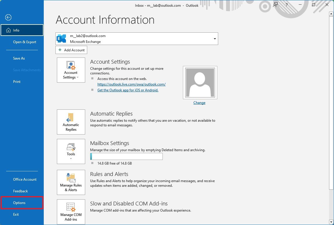 Opções abertas do Outlook