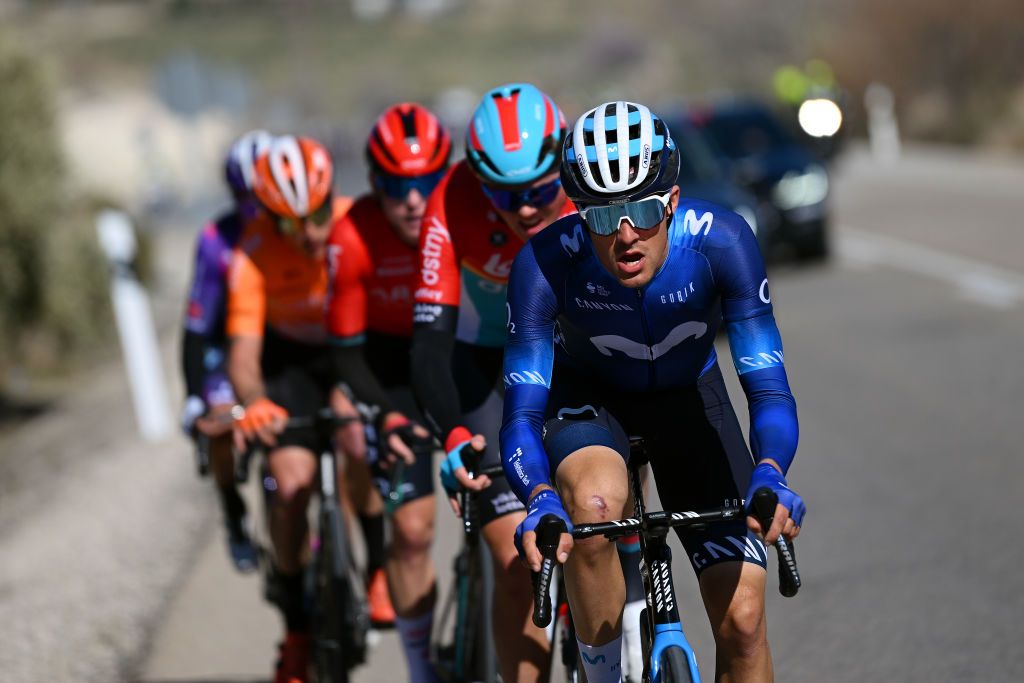 BAEZA SPAIN FEBRUARY 13 Sergio Samitier of Spain and Movistar Team competes in the breakaway during the 2nd Clasica Jaen Paraiso Interior 2023 a 1789km one day race from beda to Baeza 752m ClsicaJan23 on February 13 2023 in Baeza Spain Photo by Dario BelingheriGetty Images