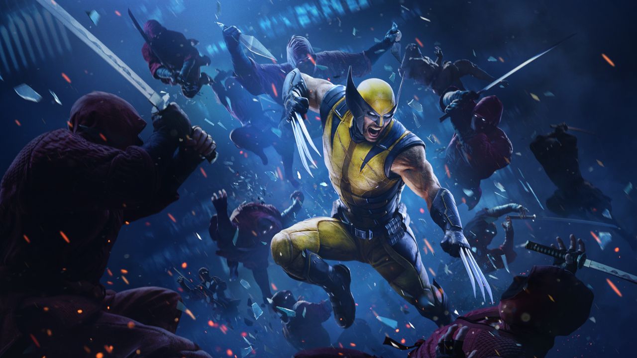 Wolverine fights red ninja in the streets, cropped for a header image