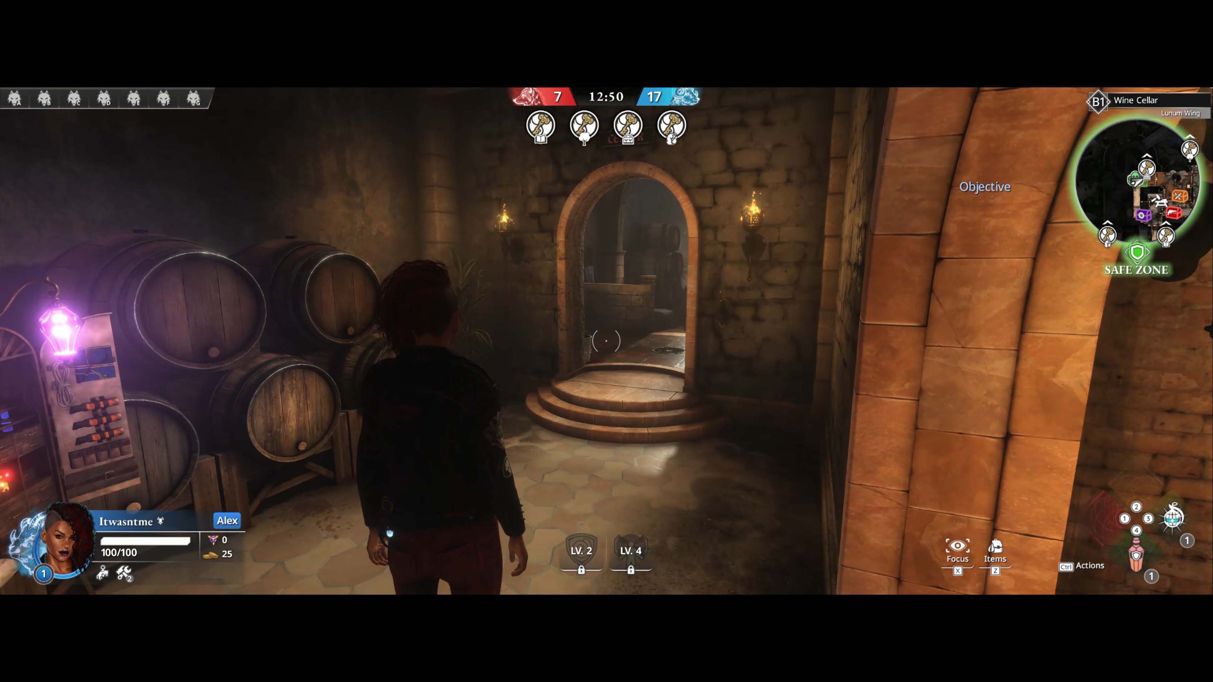 A screenshot from Killer Inn depicting a person walking past wine barrels.