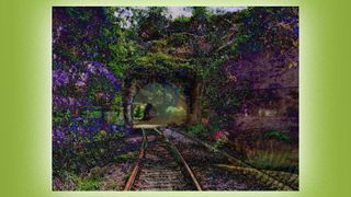 An AI art image of a train track entering a leafy tunnel