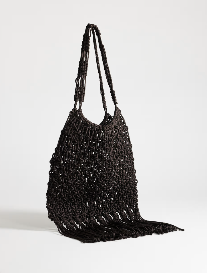 An image of a chocolate brown crocheted handbag from Topshop