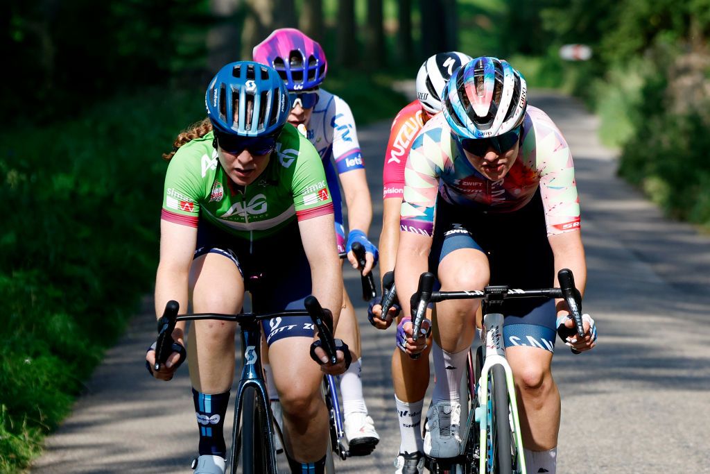 VALKENBURG NETHERLANDS SEPTEMBER 09 LR Charlotte Kool of The Netherlands and Team DsmFirmenich Green Points Jersey and Maike Van Der Duin of The Netherlands and Team CanyonSram Racing compete in the chase group during the 25th Simac Ladies Tour 2023 Stage 4 a 1316km stage from Valkenburg to Valkenburg UCIWWT on September 09 2023 in Valkenburg Netherlands Photo by Bas CzerwinskiGetty Images