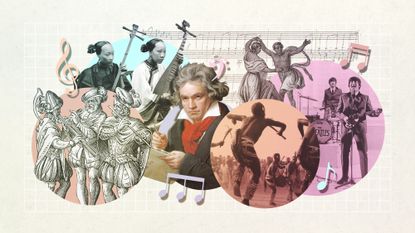 Illustration of different cultures playing instruments, including Beethoven