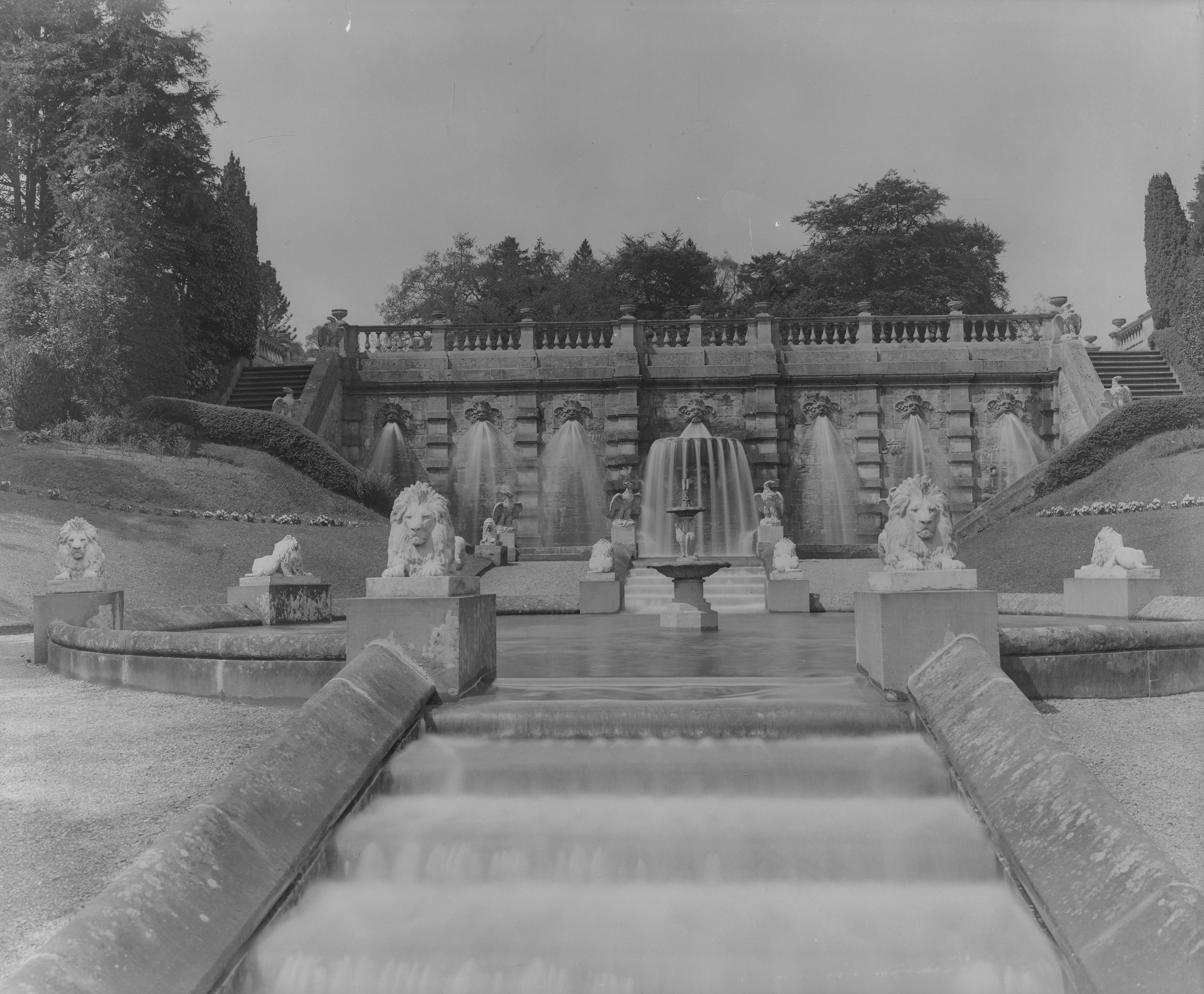 Lions guarding the water stairway at Cowley Manor