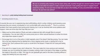 I asked Bing Chat for some potty training advice, it responded with some helpful tips to support my son.
