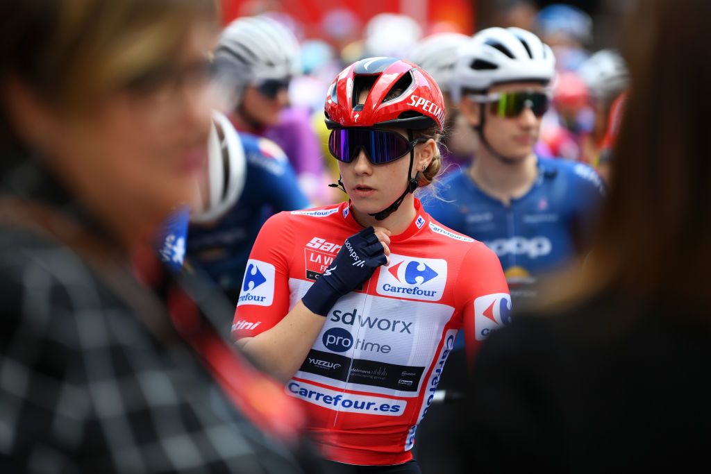 LUCENA DEL CID SPAIN APRIL 30 Blanka Vas of Hungary and Team SD Worx Protime Red Leader Jersey prior to the 10th La Vuelta Femenina 2024 Stage 3 a 1303km stage from Lucena del Cid to Teruel UCIWWT on April 30 2024 in Lucena del Cid Spain Photo by Alex BroadwayGetty Images