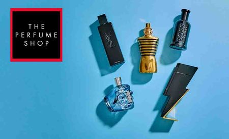 the perfume shop logo top left with 5 perfume bottles