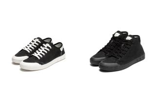 Left, a pair of sneakers with black suede, white laces and white soles. Right, a pair of black high top sneakers with black laces and soles.