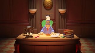 A screenshot from Guilty as Sock showing a judge, who is a sock, sitting at a desk