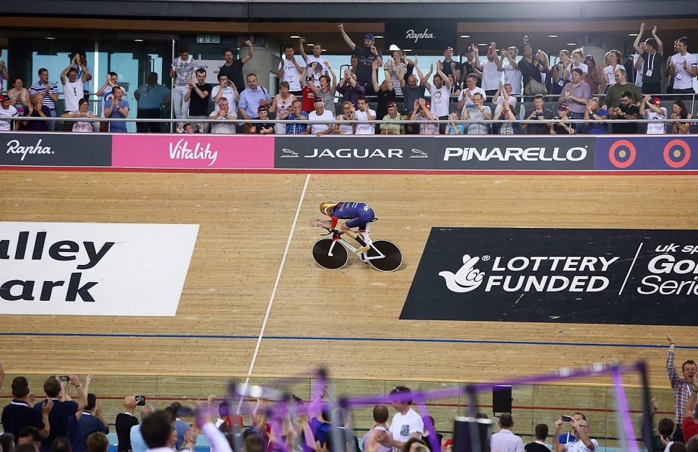 Bradley Wiggins on his way to breaking the UCI One Hour Record at Lee Valley Velopark Velodrome.