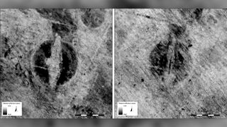 Ground-penetrating radar map of the ship burial from two depth ranges below the ground's surface: 0.3 to 0.5 meters (left) and 0.9 to 1.1 meters (right).