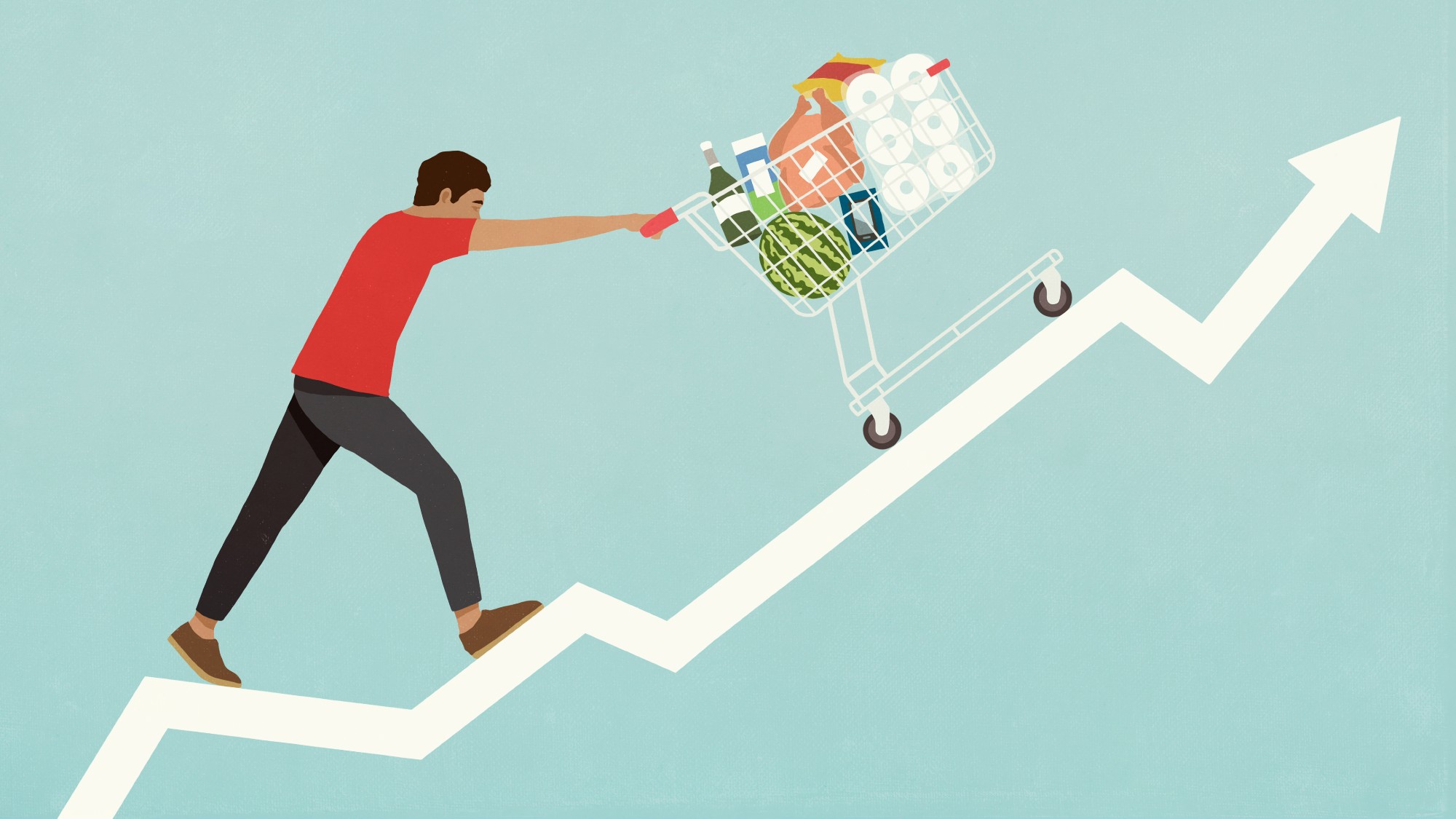 Illustration of man pushing a shopping cart of groceries up the line of a chart arrow