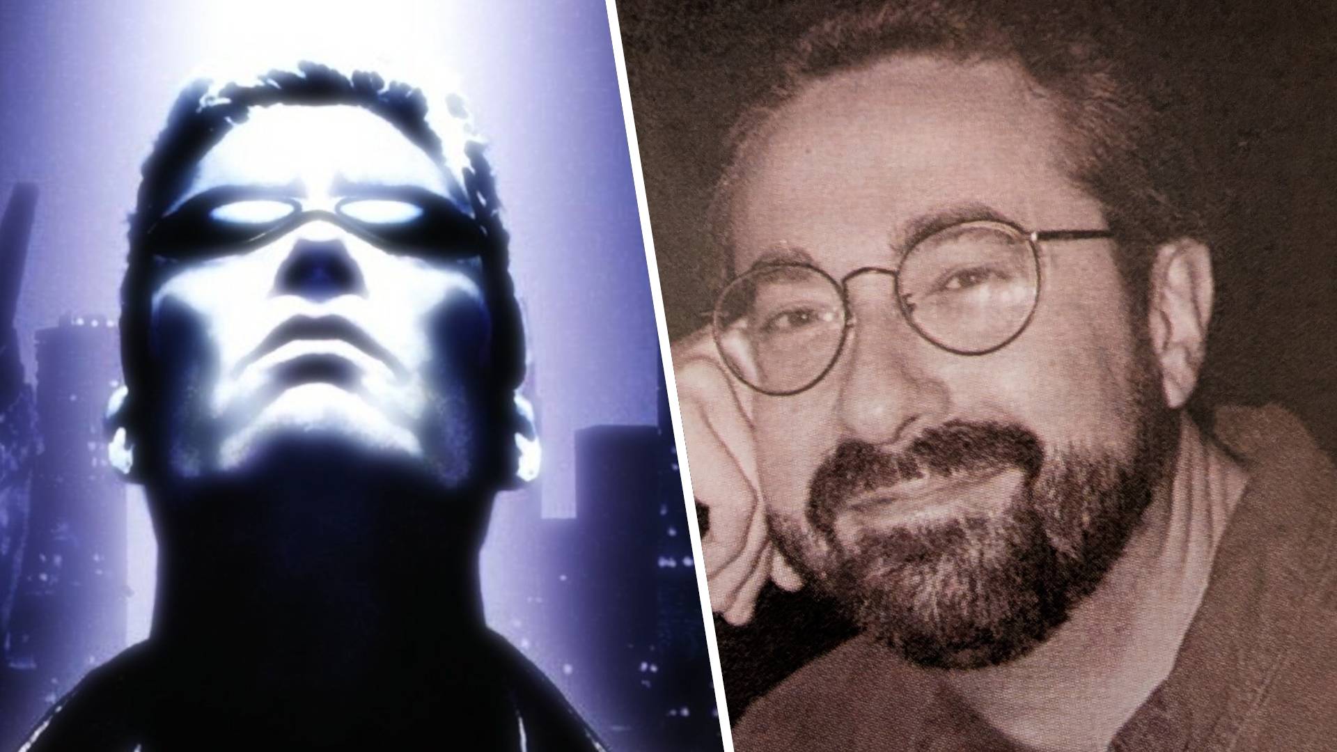 Left: Close-up of JC Denton from cover art of original Deus Ex. Right: Monochrome headshot of Deus Ex developer Warren Spector taken in the late 1990s.