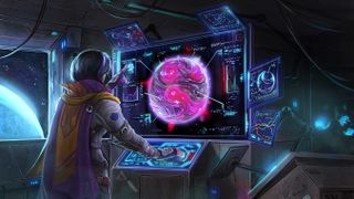 An adventurer consults a map on their computer in the Starfinder tabletop RPG.
