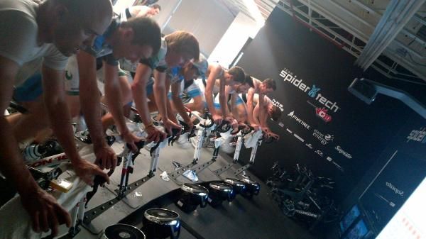 Team Spidertech riders hard at work on their indoor trainers.