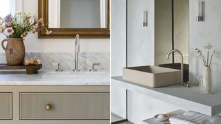 Collage of two bathrooms sinks in neutral bathrooms with nickel and chrome taps