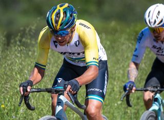 Brendan Johnston in the Australian national champion's kit rides to fifth at 2025 Sea Otter Classic Gravel