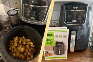 A collage of potatoes in the air fryer basket and the air fryer recipe guide