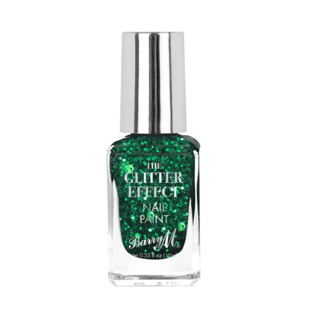 A product shot of the Barry M Glitter Effect Nail Paint in shade Good Time Green (a green glitter polish), on a white background