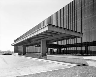 Bell Labs archive imagery, black and white of minimalist office space