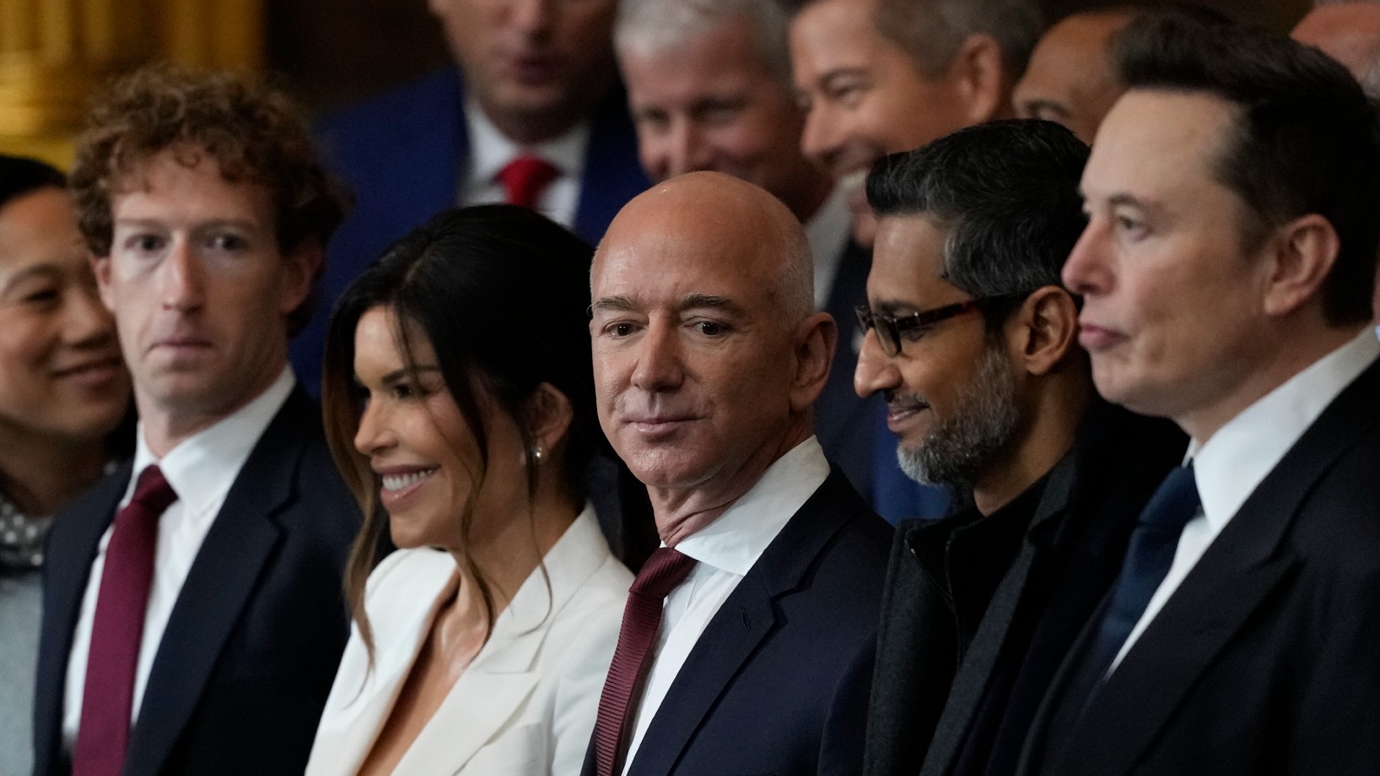 Mark Zuckerberg, Lauren Sanchez Bezos, Jeff Bezos, Sundar Picahi and Elon Musk at Trump's second inauguration