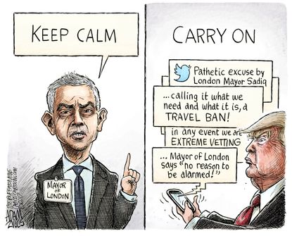 Political cartoon U.S. London attack Sadiq Khan keep calm Trump tweets