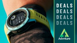 Person's wrist wearing Garmin Instinct 2S Surf watch in two-tone Waikiki colorway (lime and turquoise)