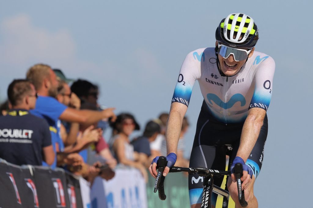 A spent Matteo Jorgenson (Movistar) crosses the finish line atop Puy de Dôme