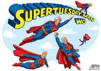 Political Cartoon U.S. Superman Super Tuesday Bernie Biden Warren Bloomberg