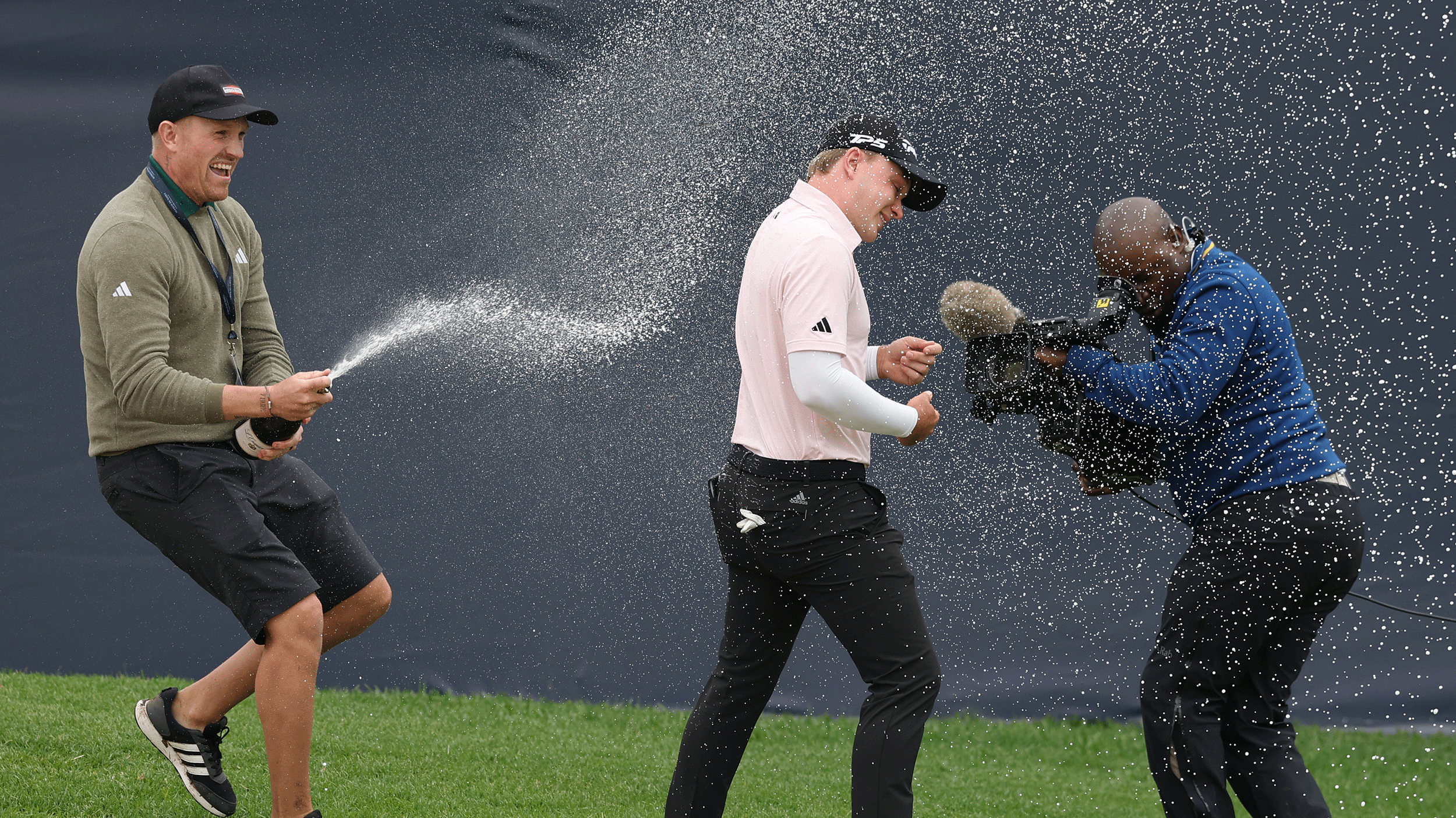 Jayden Schaper is sprayed with champagne on the 18th green at Royal Johannesburg after winning the 2025 Alfred Dunhill Championship