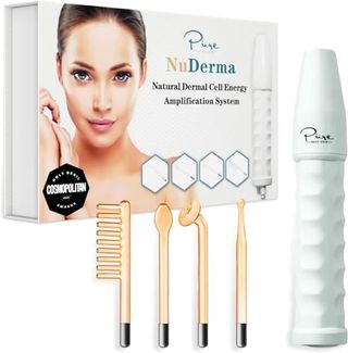 Nuderma Portable Handheld Skin Therapy Wand Machine with box and all of its accessories on a white background