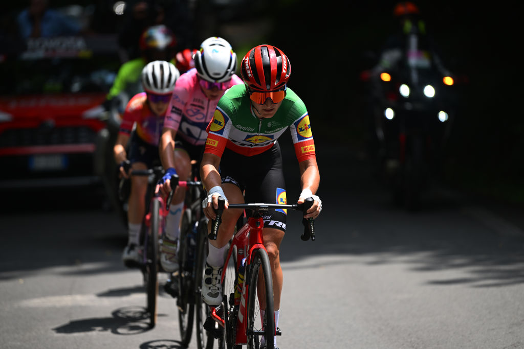 CERES ITALY JULY 04 Elisa Longo Borghini of Italy and Team Lidl Trek leads the breakaway competes during the 34th Giro dItalia Donne 2023 Stage 5 a 1056km stage from Salassa to Ceres UCIWWT on July 04 2023 in Ceres Italy Photo by Dario BelingheriGetty Images