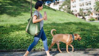 woman taking dog out for walk