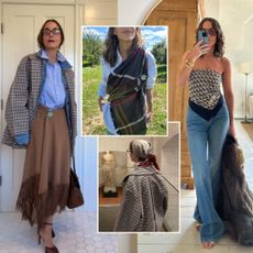 a collage of Larissa Mills wearing scarves in different outfits