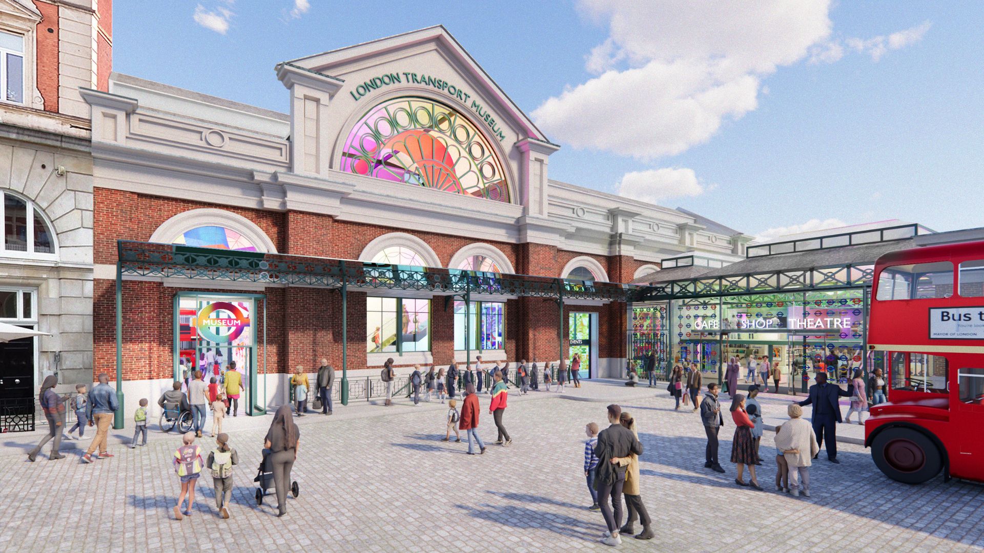 an artist's rending of what the upgraded exterior of the museum will look like with the new entrance opening up into Coven Garden Piazza