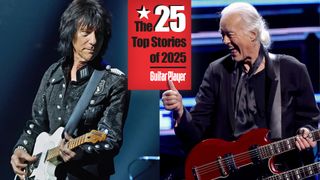 LEFT: Jeff Beck performs on stage at Royal Albert Hall on May 14, 2014 in London, United Kingdom. RIGHT: Jimmy Page performs onstage during the 38th Annual Rock & Roll Hall Of Fame Induction Ceremony at Barclays Center on November 03, 2023 in New York City. 