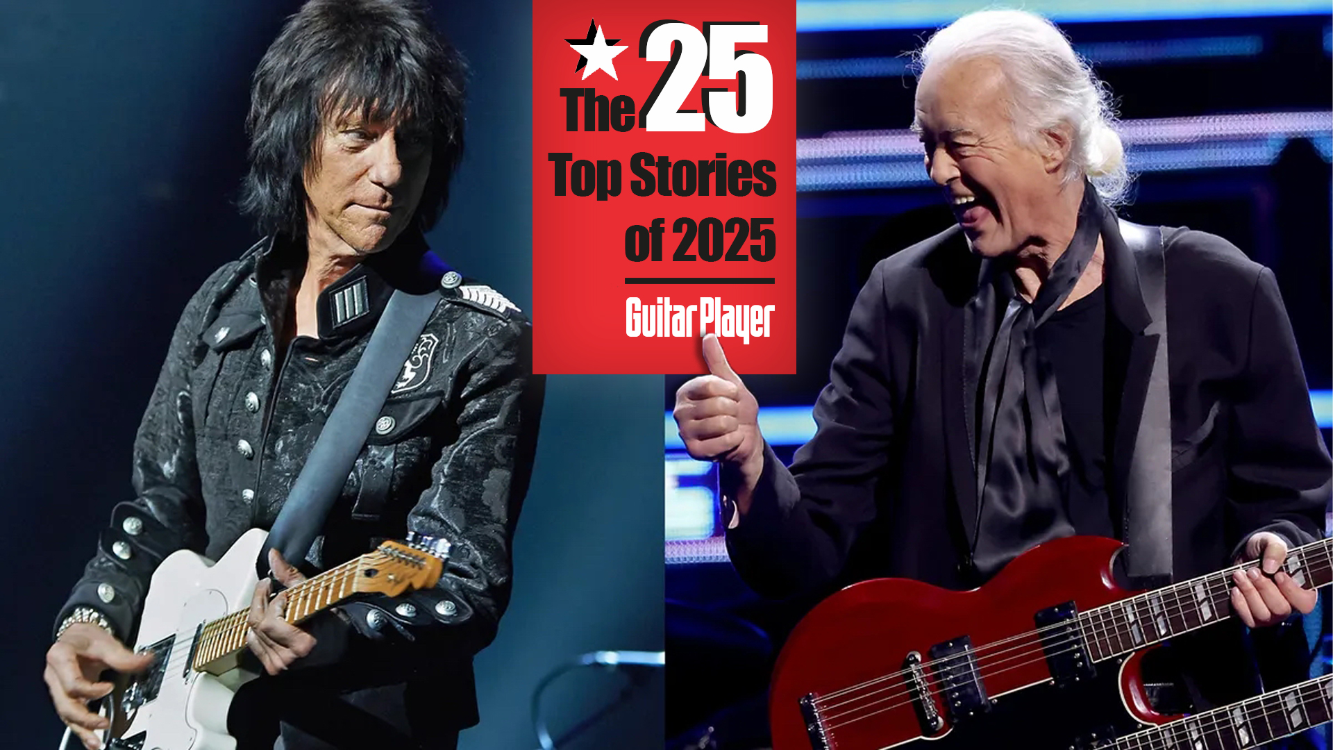 LEFT: Jeff Beck performs on stage at Royal Albert Hall on May 14, 2014 in London, United Kingdom. RIGHT: Jimmy Page performs onstage during the 38th Annual Rock & Roll Hall Of Fame Induction Ceremony at Barclays Center on November 03, 2023 in New York City. 