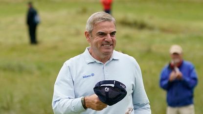 Paul McGinley smiles after taking his cap off at the Irish Legends presented by McGinley Foundation at Rosapenna Hotel & Golf Resort